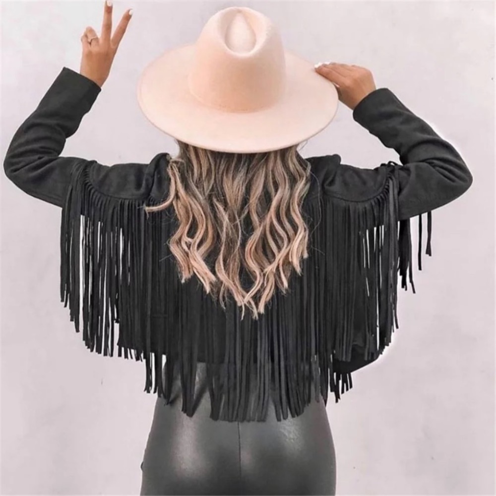 SOLD OUT Black Faux Leather Suede Fringe Cropped Western Boho Moto Jacket - Picture 1 of 9